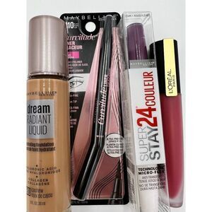 Maybelline and L'Oreal Paris Foundation Eyeliner‎ & Lip Color Makeup Bundle New